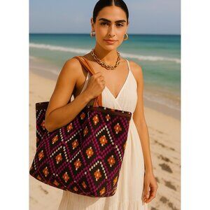 Tory Burch Cloth Tote Tribal Geometric Boho Tote Bag – Canvas Shoulder Purse